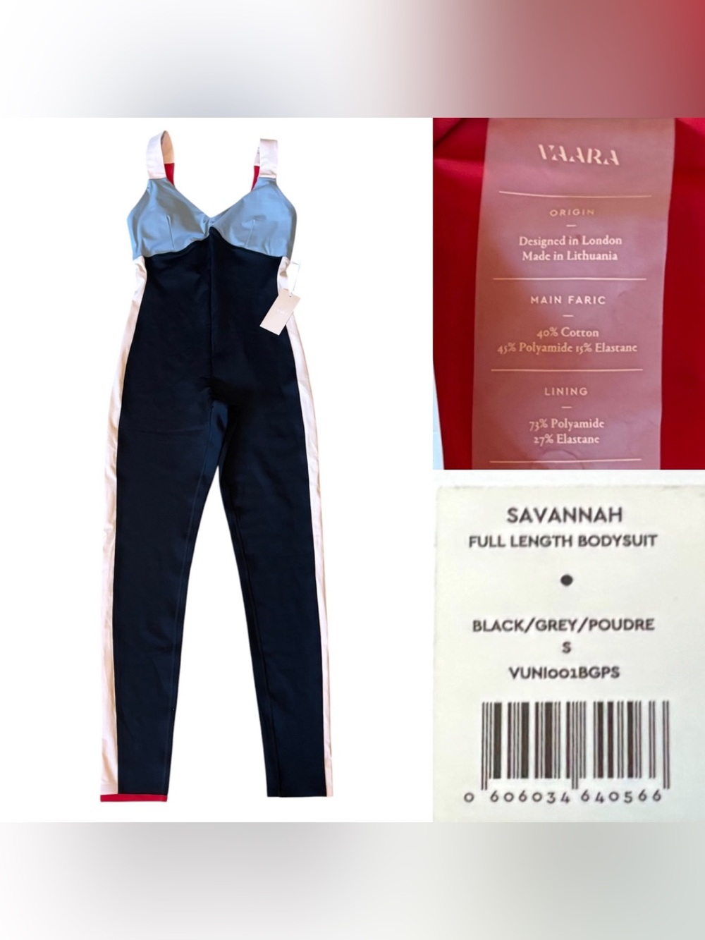 NWT Vaara Savannah Full Length Bodysuit Women’s Size Small In Black/Grey/Poudre
